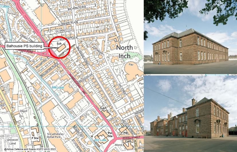 Map showing the location of Balhousie Primary School and photographs of the front and side of the building exterior