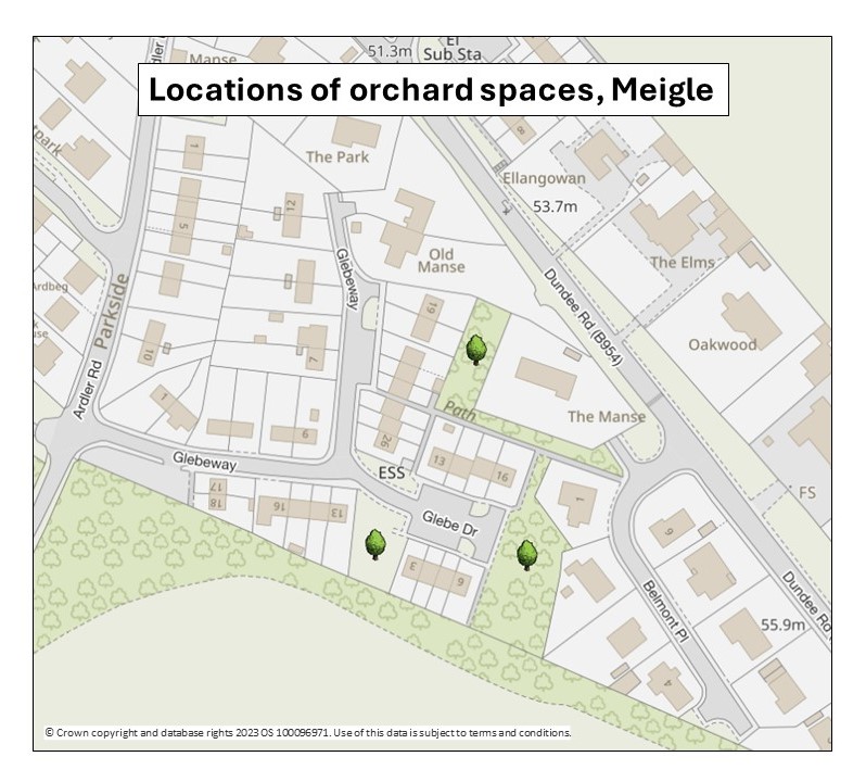 Locations of proposed orchard areas at Meigle. Area 1 beside number 3 Glebe Drive, area 2 beside number 6 Glebe Drive, Area 3 Belmont Place behind the manse