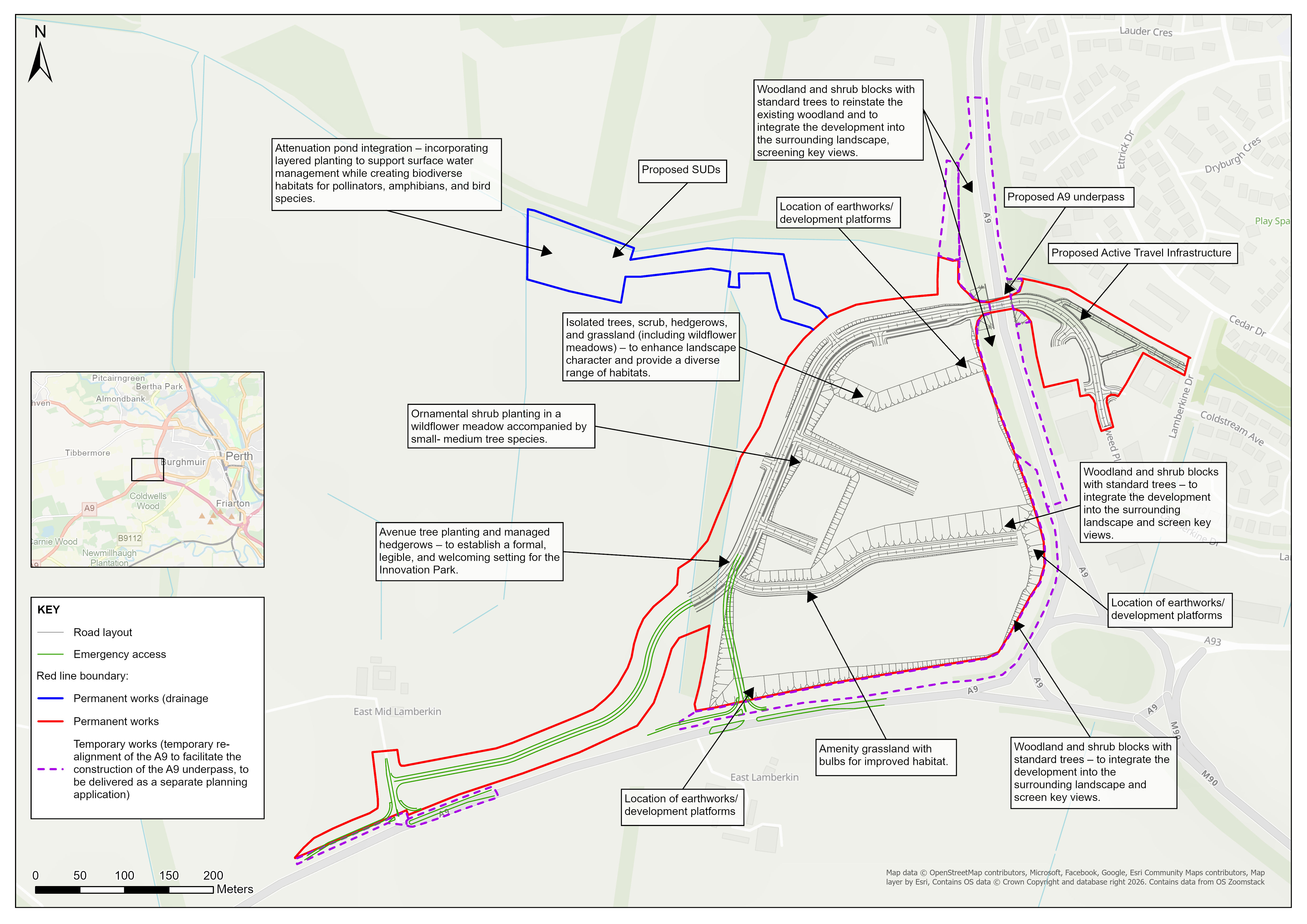 The image shows an outline map of the area included within the Perth Innovation Highway depicting where in relation to the site the principal components set out in text on this page are, including earthworks/development platforms, active travel infrastructure and woodland, shrubs and amenity grassland.