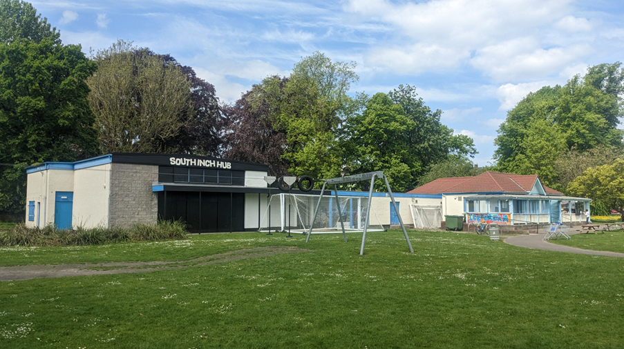 A view of the pavilion on the South Inch, Perth ahowing the part of the building to be leased in the foreground with the adjoining cafe area in the rear.