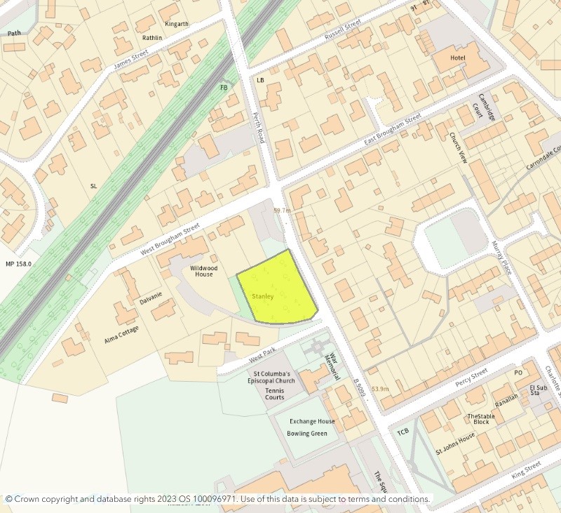 Location plan showing the woodland area to the east of Perth Road B9099 and in between West Brougham Street and West Park, adjacent to Wildwood House.