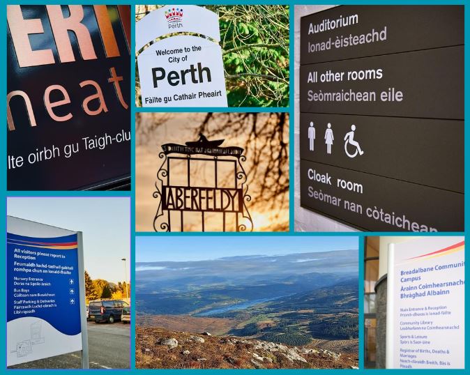 A photo collage showing signage with Gaelic translation and a picture of Scheiallion