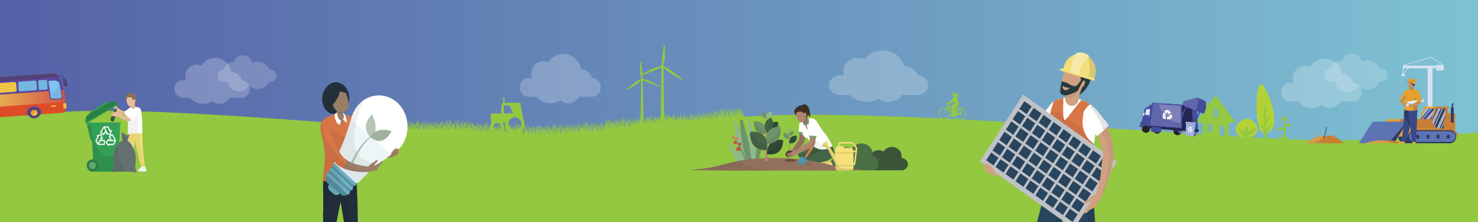 Climate Change banner with people recycling, gardening, using solar power and conserving electricity.